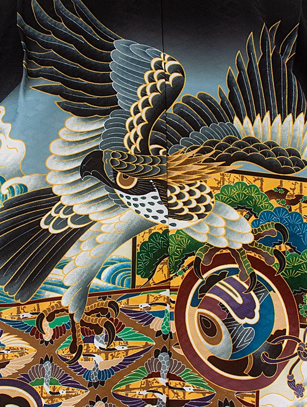 [かんたん着付]七五三(5歳6歳袴)D5076 黒水色 鷹×黒紋袴