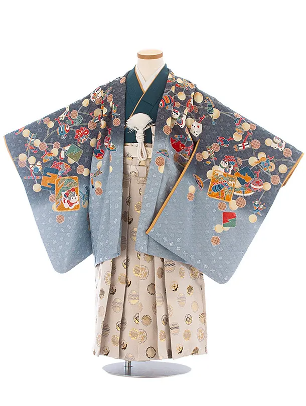 [かんたん着付]七五三(5歳6歳袴)D5077 ブルーグレー 玩具×ベージュ
