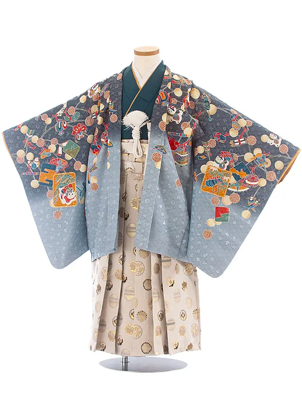 [かんたん着付]七五三(5歳6歳袴)D5077 ブルーグレー 玩具×ベージュ