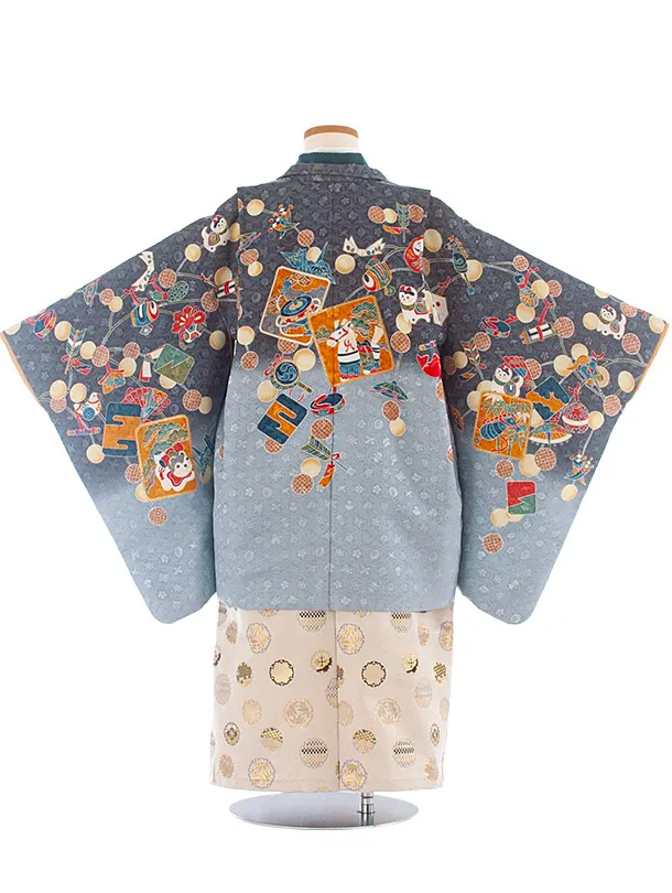 [かんたん着付]七五三(5歳6歳袴)D5077 ブルーグレー 玩具×ベージュ
