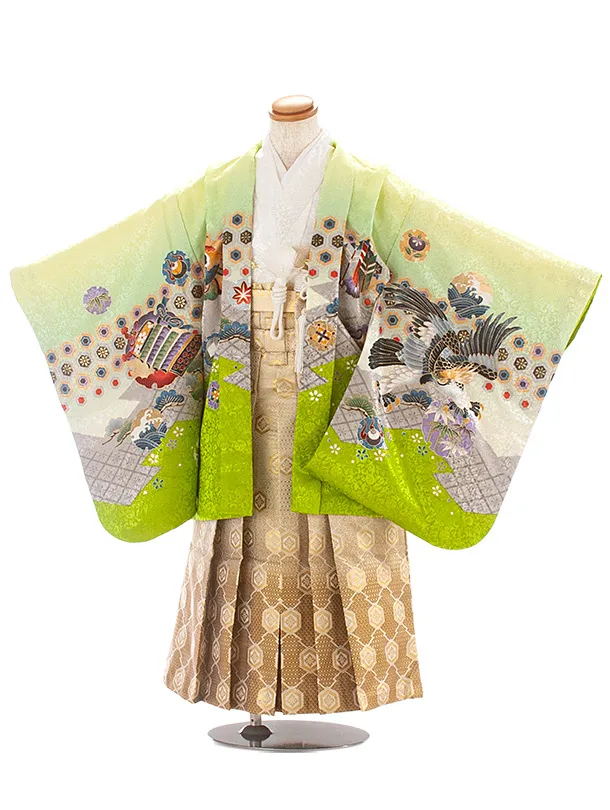 [かんたん着付]七五三(5歳6歳袴)D5080 ひわ 鷹×ベージュ茶 亀甲袴