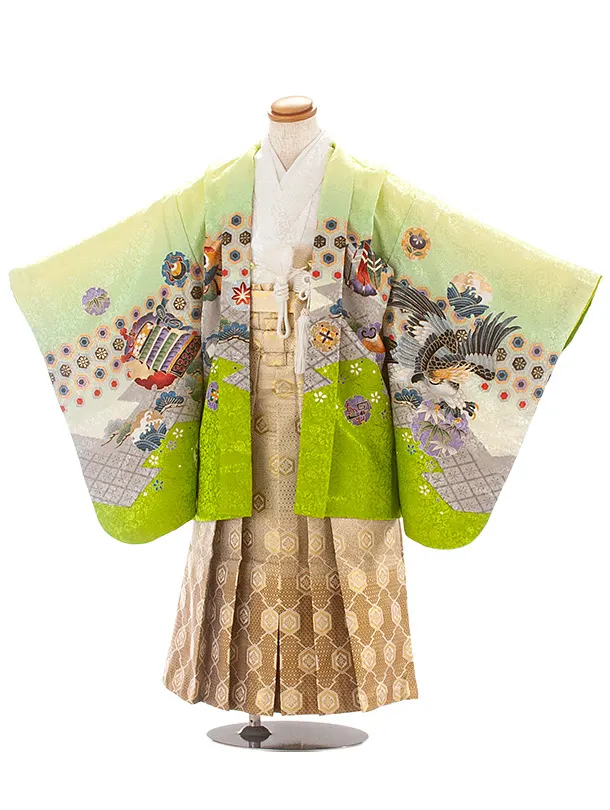 [かんたん着付]七五三(5歳6歳袴)D5080 ひわ 鷹×ベージュ茶 亀甲袴