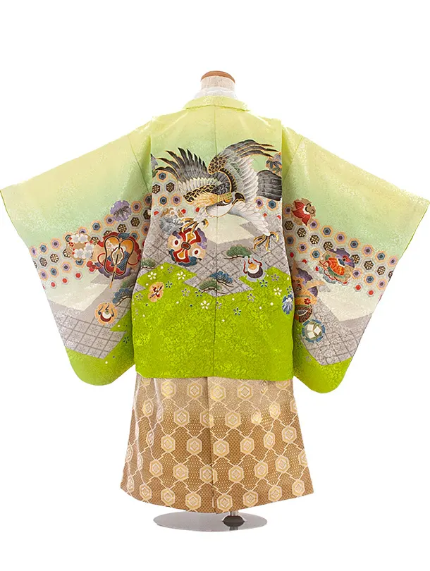 [かんたん着付]七五三(5歳6歳袴)D5080 ひわ 鷹×ベージュ茶 亀甲袴