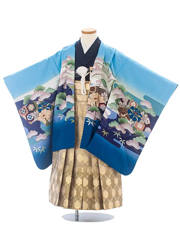 [かんたん着付]七五三(5歳6歳袴)D5081 水色 兜×ベージュ茶 亀甲