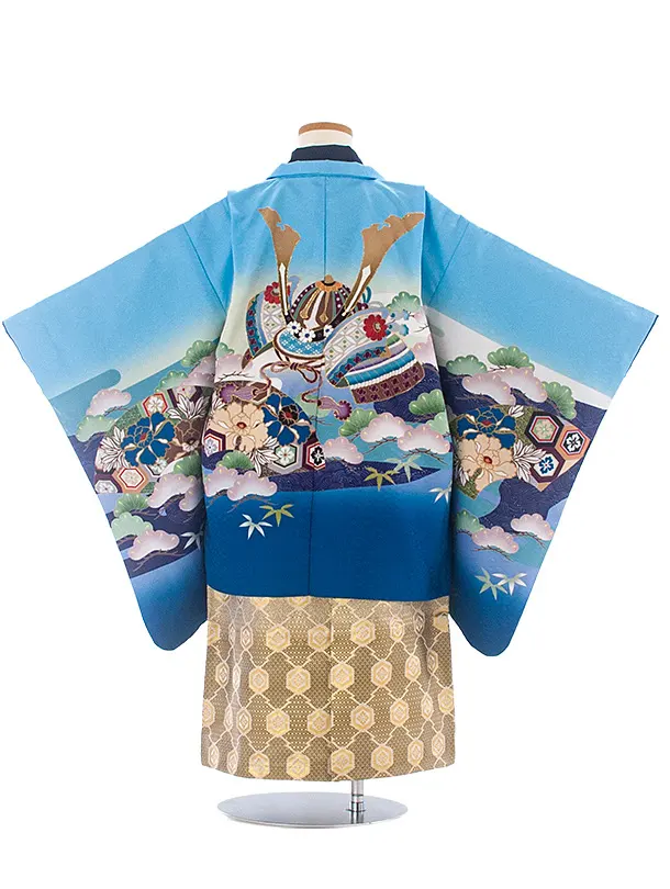 [かんたん着付]七五三(5歳6歳袴)D5081 水色 兜×ベージュ茶 亀甲