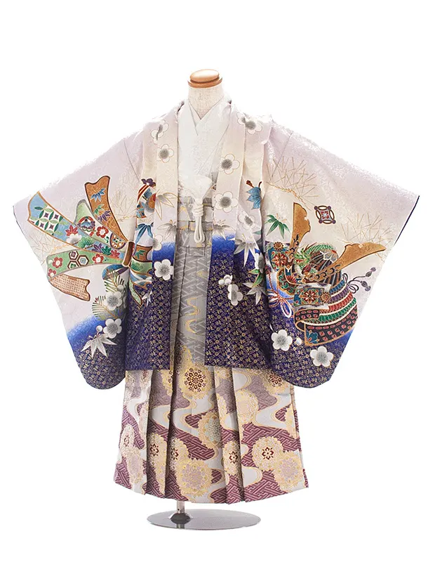 [かんたん着付]七五三(5歳6歳袴)D5082 薄紫 兜 のし×ワインぼかし袴