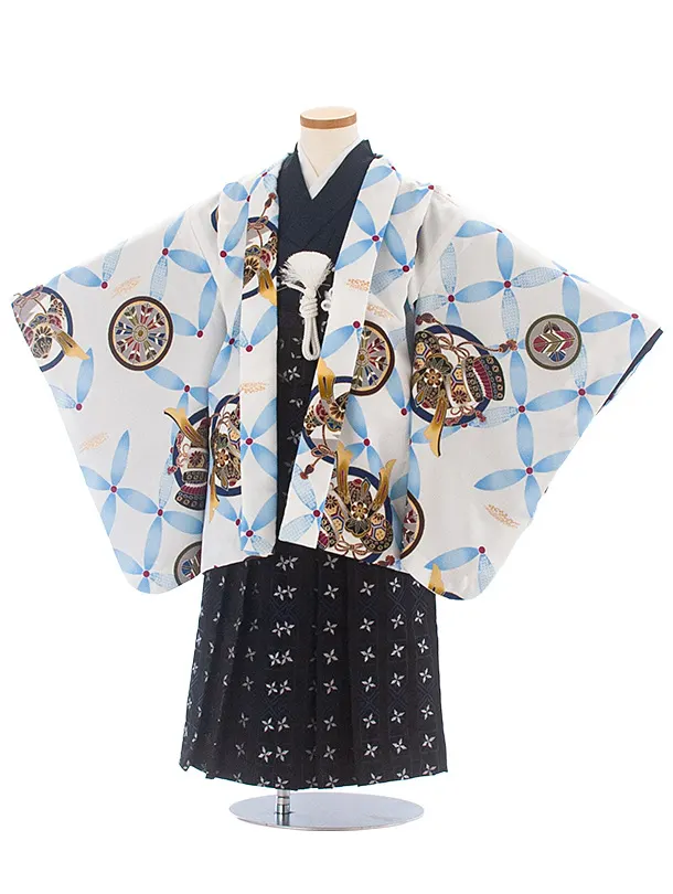 [かんたん着付]七五三(5歳6歳袴)D5083 白 七宝×黒 花菱袴
