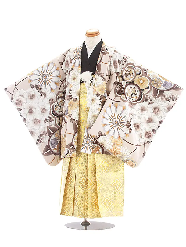 [かんたん着付]七五三(5歳6歳袴)D5092 ベージュ 橘羽織×金菱袴