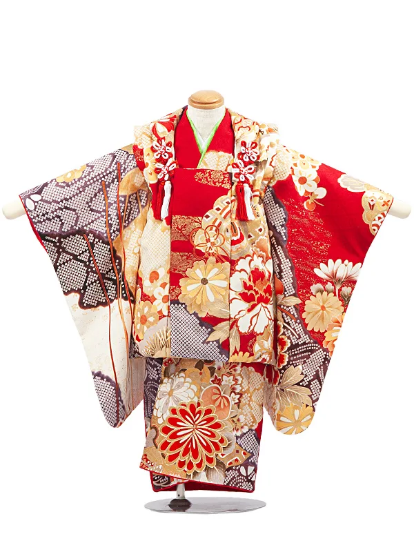 3歳女児被布　D3066 赤地に花づくし