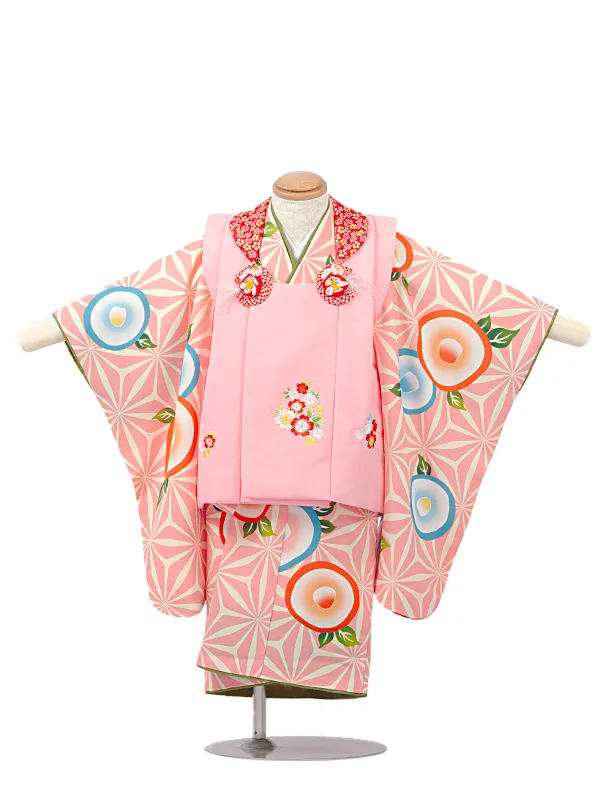 2歳女児被布　D3075 ピンク×オレンジ系　花