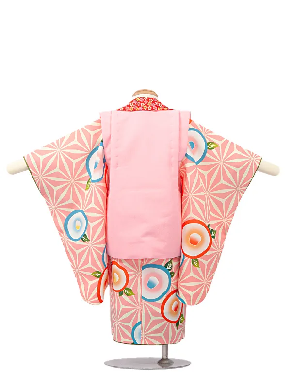 2歳女児被布　D3075 ピンク×オレンジ系　花