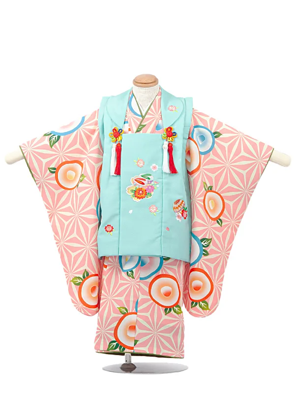 3歳女児被布　D3076 水色系×オレンジ系　花