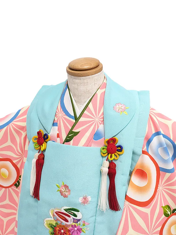 3歳女児被布　D3076 水色系×オレンジ系　花