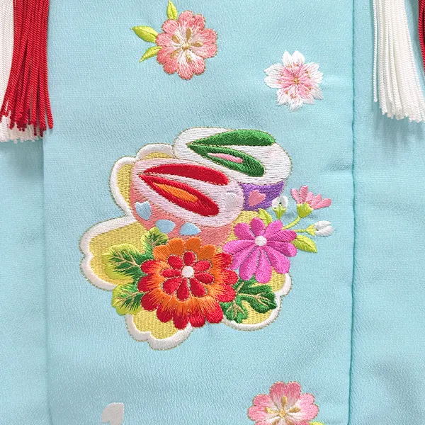 3歳女児被布　D3076 水色系×オレンジ系　花
