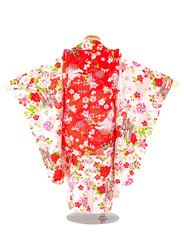 3歳女児被布 D3078 白×赤 花と御所車