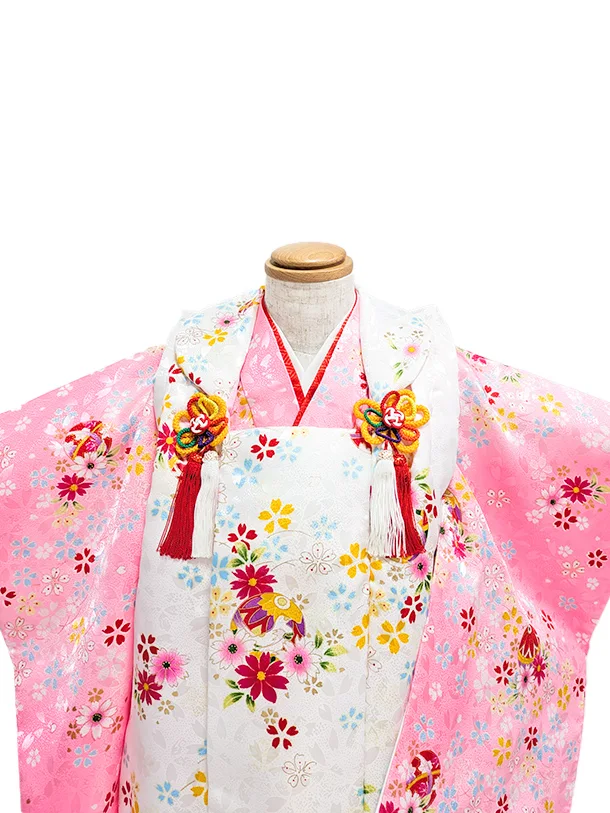 2歳女児被布　D3079 桜と鞠　白地×ピンク地