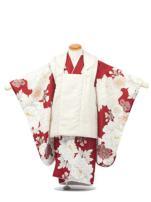 3歳女児被布　D3082 クリーム刺しゅう被布×エンジ白花着物