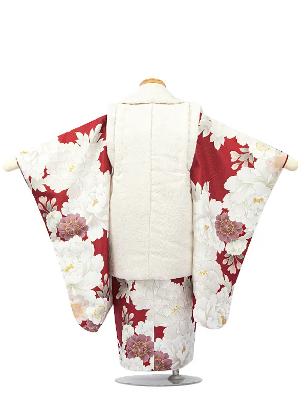 3歳女児被布　D3082 クリーム刺しゅう被布×エンジ白花着物