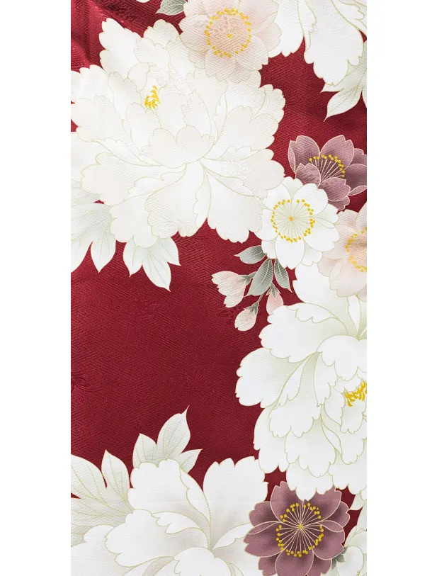 3歳女児被布　D3082 クリーム刺しゅう被布×エンジ白花着物