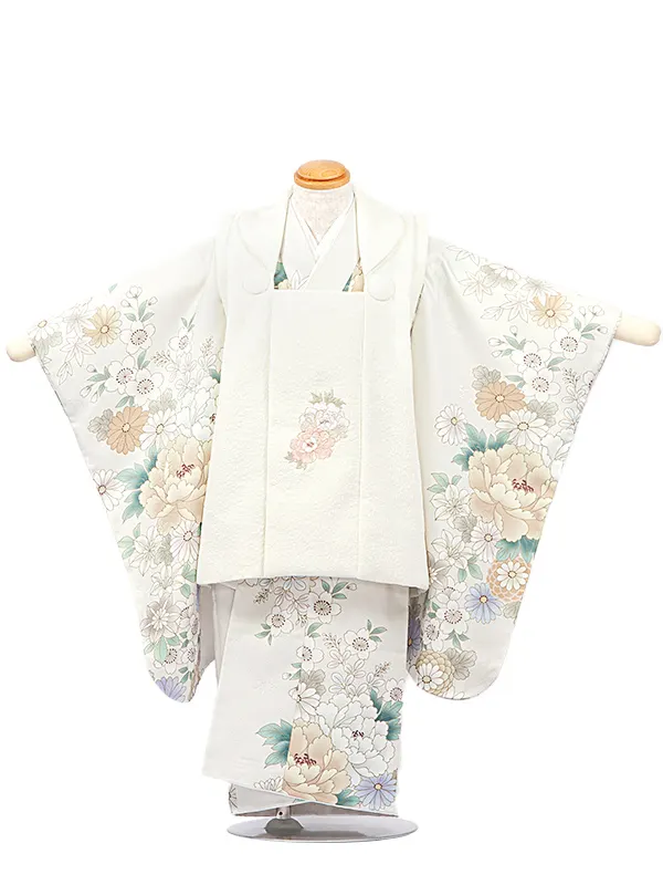 3歳女児被布 D3091 クリーム花ししゅう×薄ベージュ白花々