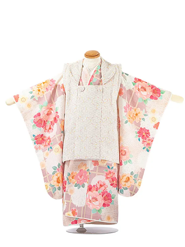 3歳女児被布 D3093 麻の葉 ベージュ × ピンクベージュ花