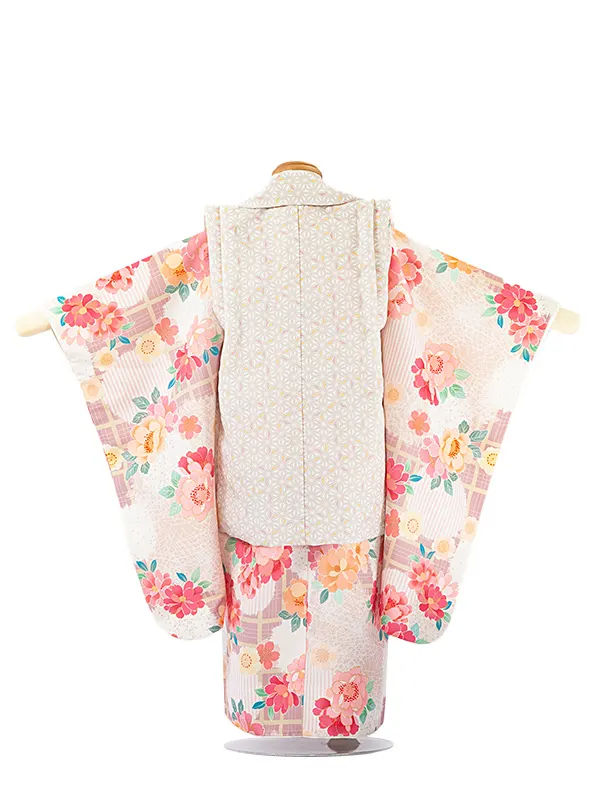 3歳女児被布 D3093 麻の葉 ベージュ × ピンクベージュ花