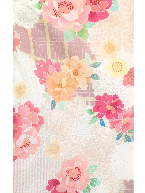 3歳女児被布 D3093 麻の葉 ベージュ × ピンクベージュ花