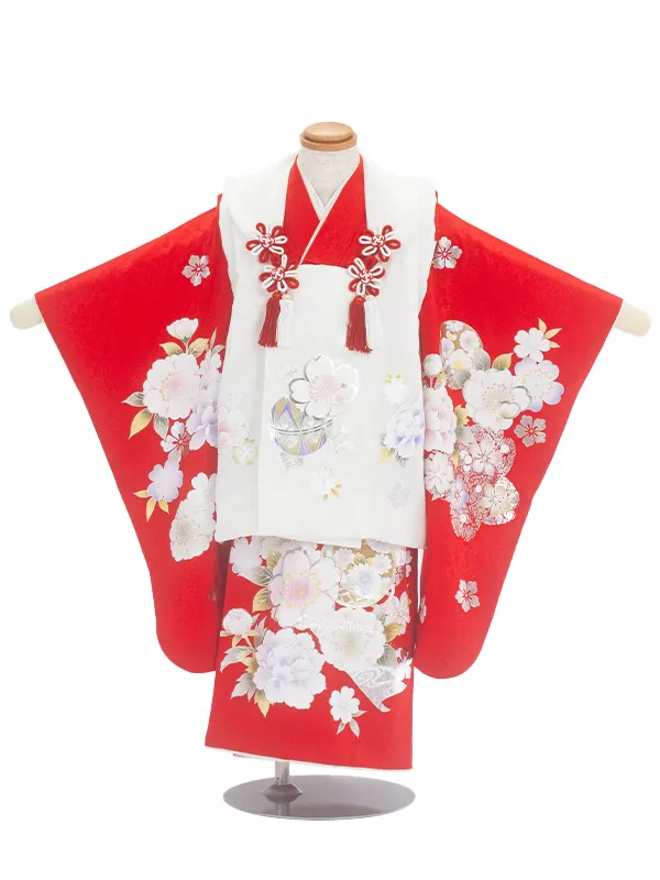 3歳女児被布 D3095【正絹】赤×白 牡丹 桜 毬