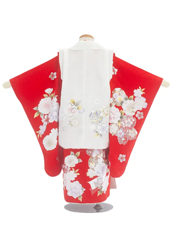 3歳女児被布 D3095【正絹】赤×白 牡丹 桜 毬