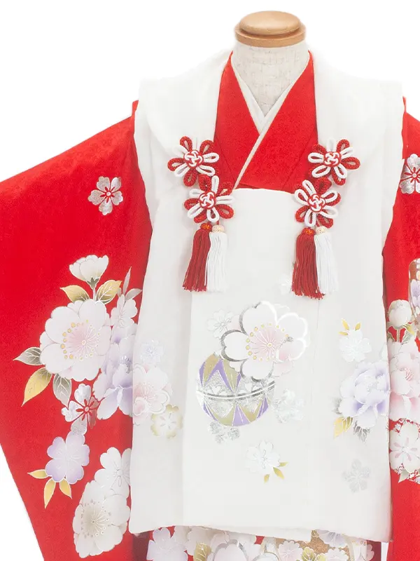 3歳女児被布 D3095【正絹】赤×白 牡丹 桜 毬