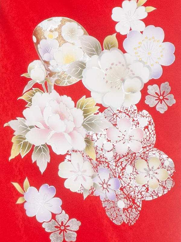 3歳女児被布 D3095【正絹】赤×白 牡丹 桜 毬