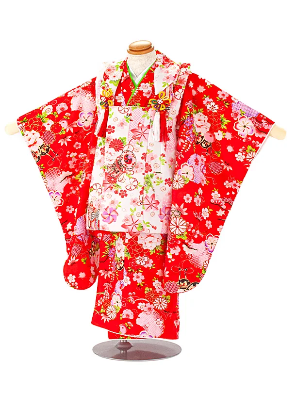 3歳女児被布 D3097 赤×白 雪輪 花車