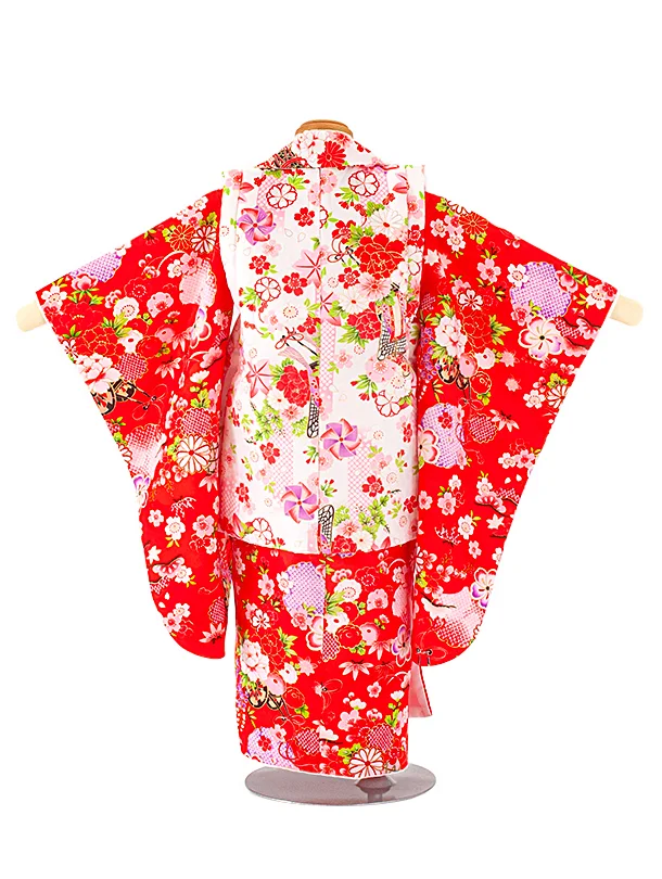 3歳女児被布 D3097 赤×白 雪輪 花車