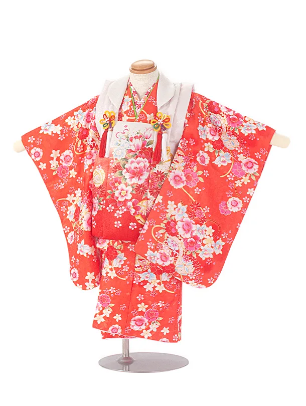 2歳3歳女児被布 D3098 白赤 まり花×赤 八重桜