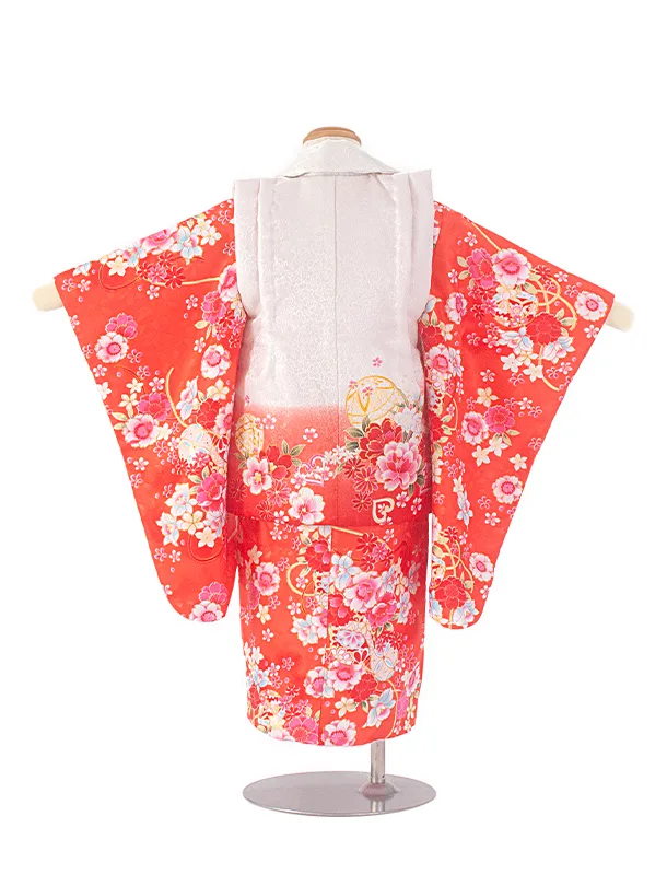 2歳3歳女児被布 D3098 白赤 まり花×赤 八重桜