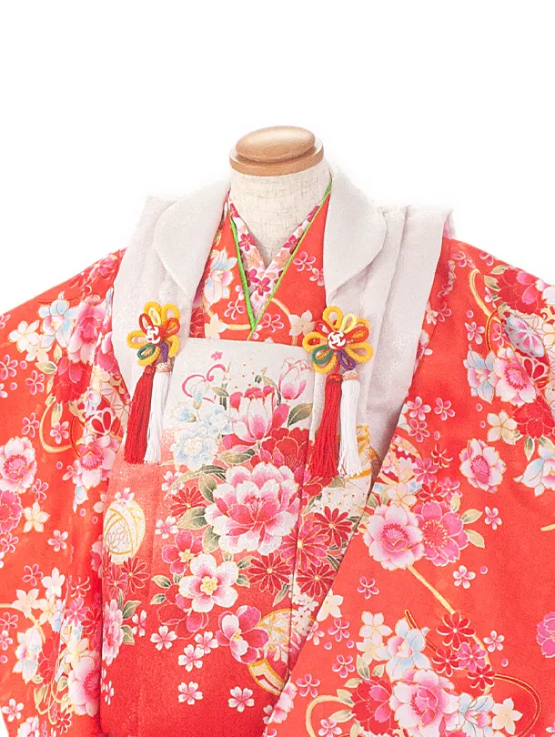 2歳3歳女児被布 D3098 白赤 まり花×赤 八重桜