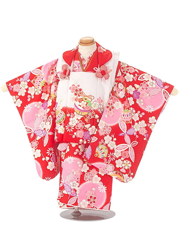 2歳3歳女児被布 D3101 花うさぎ 赤 鈴 梅