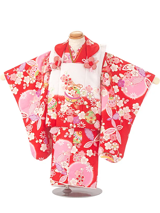 2歳3歳女児被布 D3101 花うさぎ 赤 鈴 梅