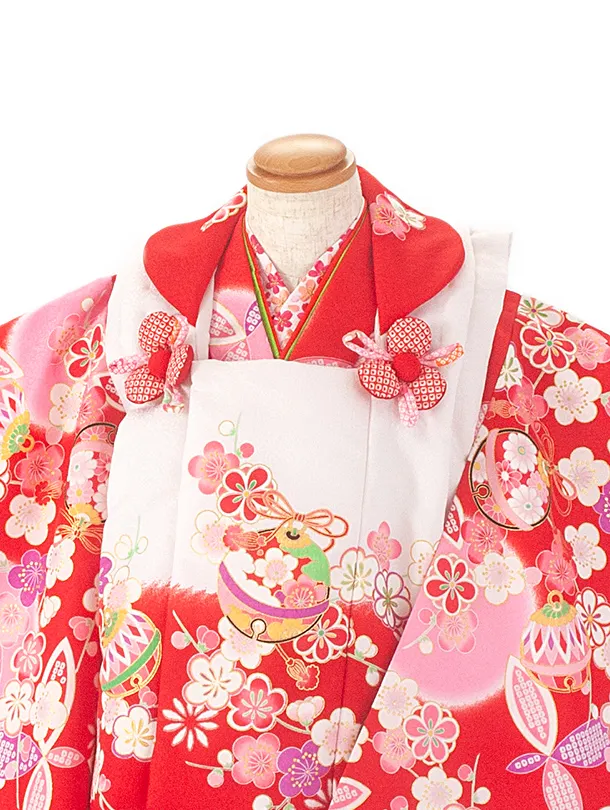 2歳3歳女児被布 D3101 花うさぎ 赤 鈴 梅