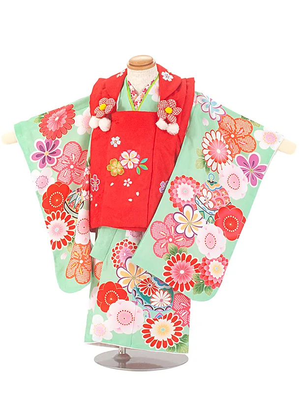 2歳3歳女児被布 D3102 赤×ヒワ 桜 梅 鈴
