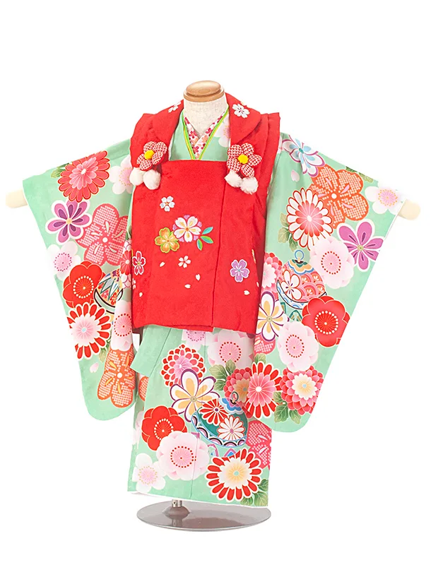 2歳3歳女児被布 D3102 赤×ヒワ 桜 梅 鈴