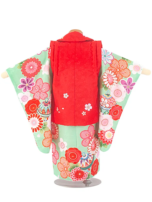 2歳3歳女児被布 D3102 赤×ヒワ 桜 梅 鈴