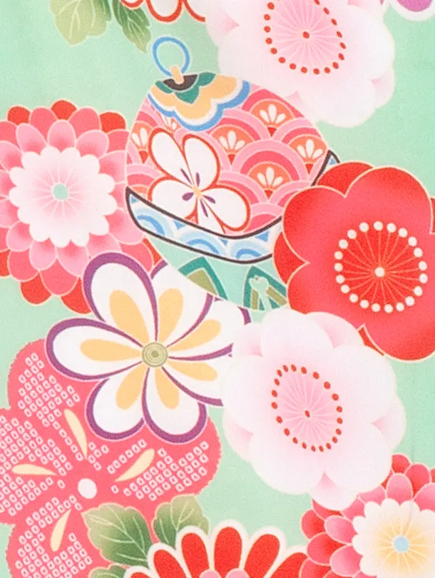 2歳3歳女児被布 D3102 赤×ヒワ 桜 梅 鈴