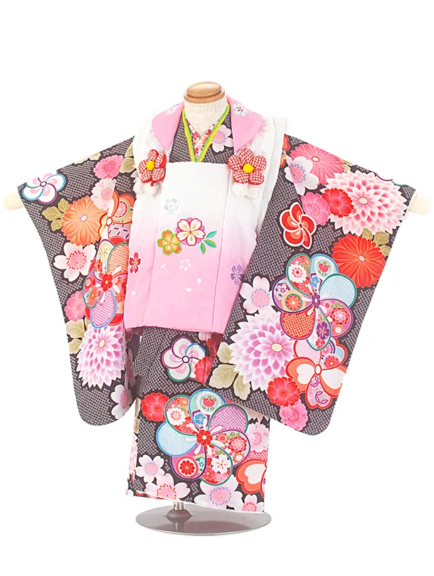 2歳3歳女児被布 D3103 ピンク×黒 桜 梅