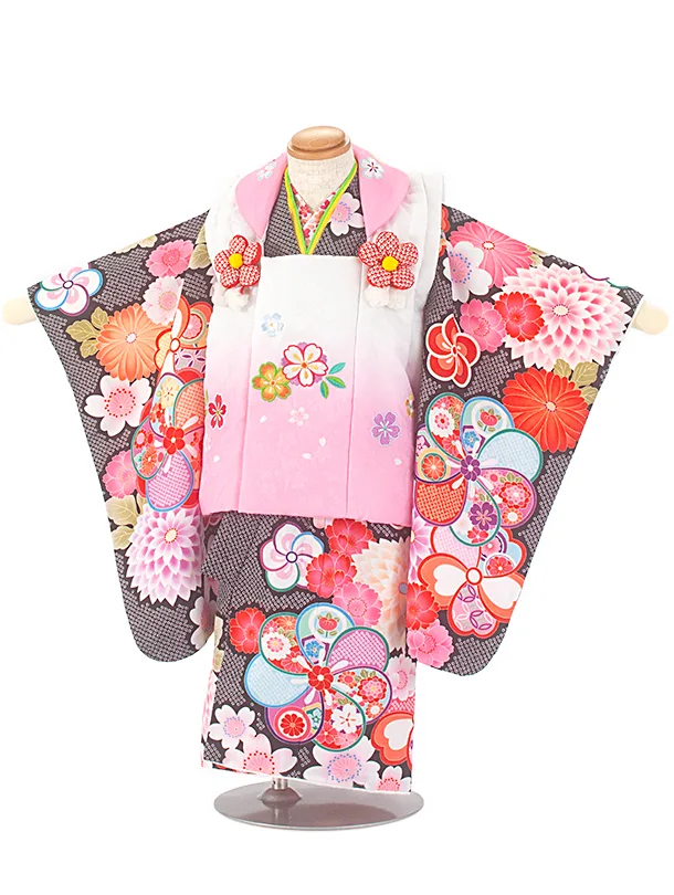 2歳3歳女児被布 D3103 ピンク×黒 桜 梅