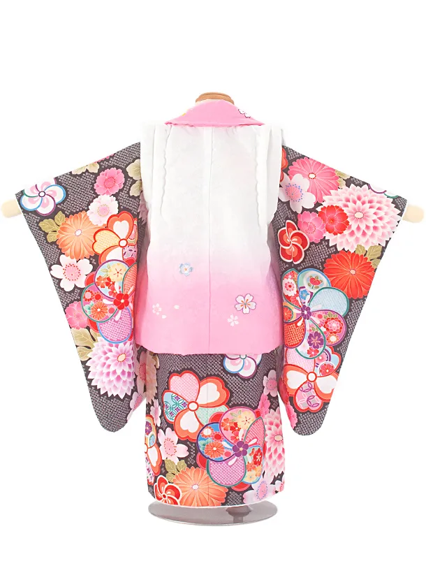 2歳3歳女児被布 D3103 ピンク×黒 桜 梅