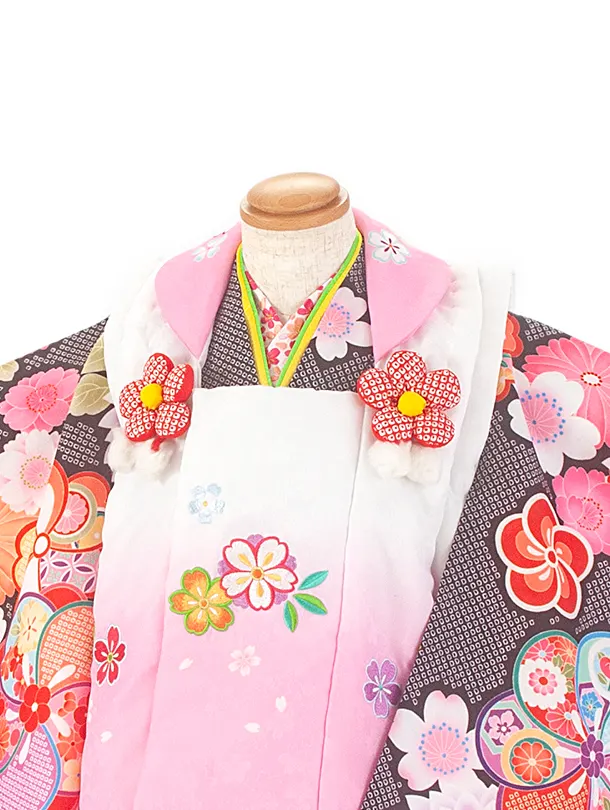 2歳3歳女児被布 D3103 ピンク×黒 桜 梅