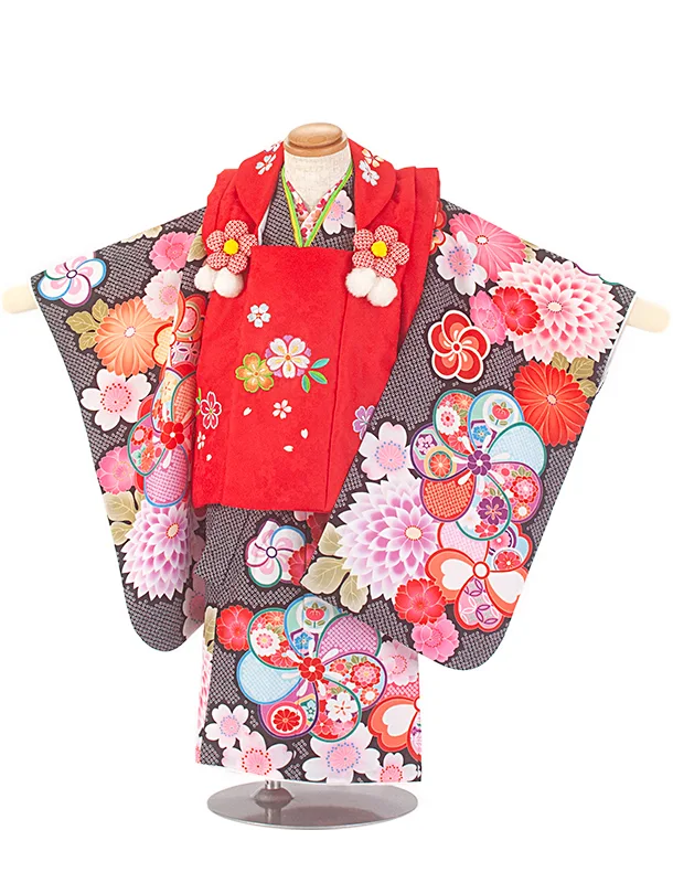 2歳3歳女児被布 D3104 赤×黒 桜 ねじり梅