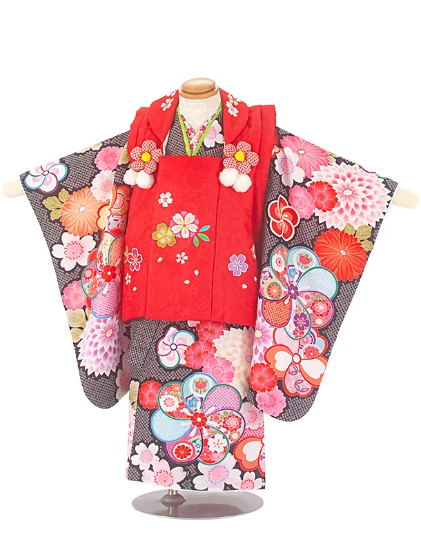 2歳3歳女児被布 D3104 赤×黒 桜 ねじり梅