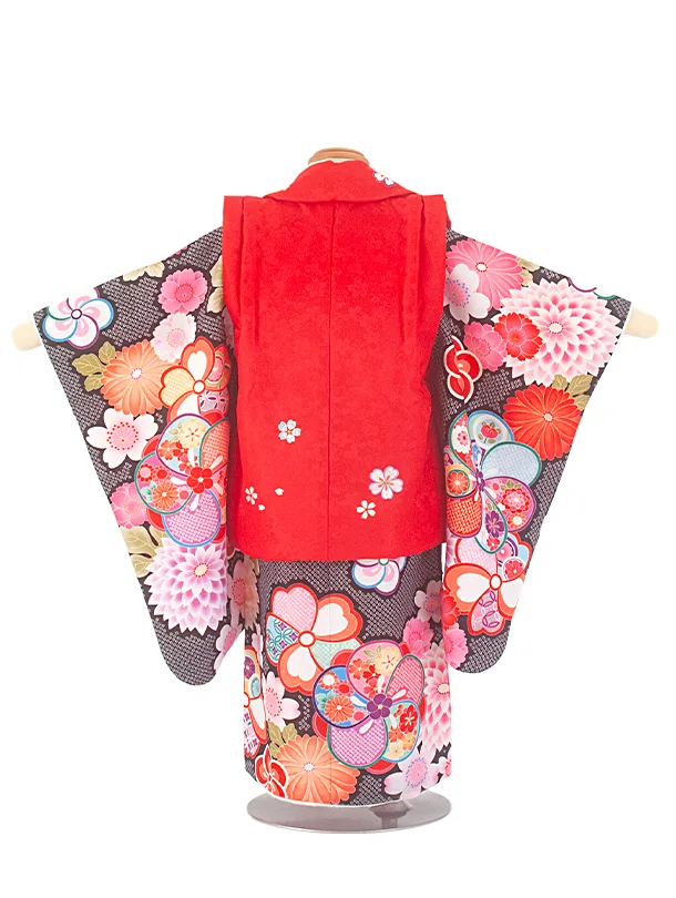 2歳3歳女児被布 D3104 赤×黒 桜 ねじり梅
